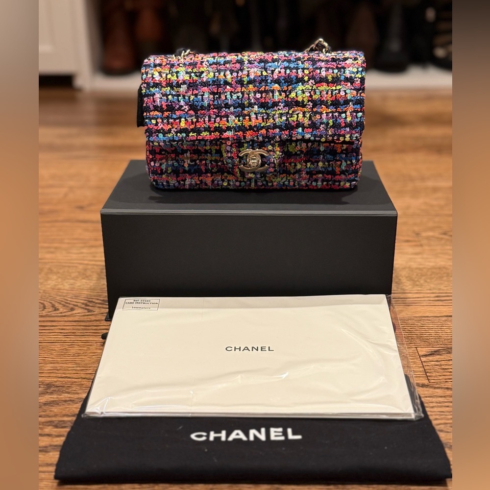 Chanel Mini Rectangular Flap Bag Multicolored Tweed and Sequins Gold Hardware